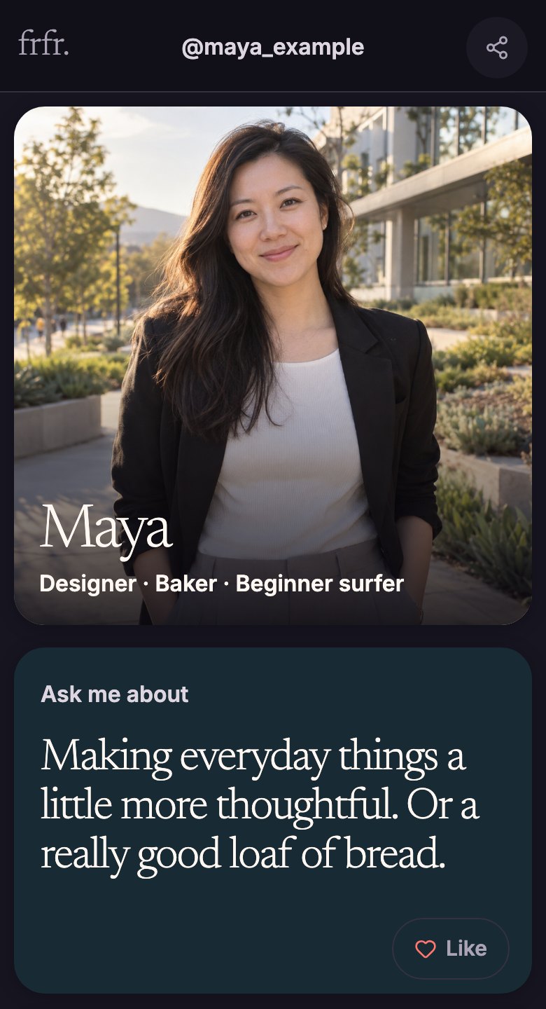 Profile preview: Maya, Designer · Baker · Beginner surfer. Ask me about: Making everyday things a little more thoughtful. Or a really good loaf of bread.