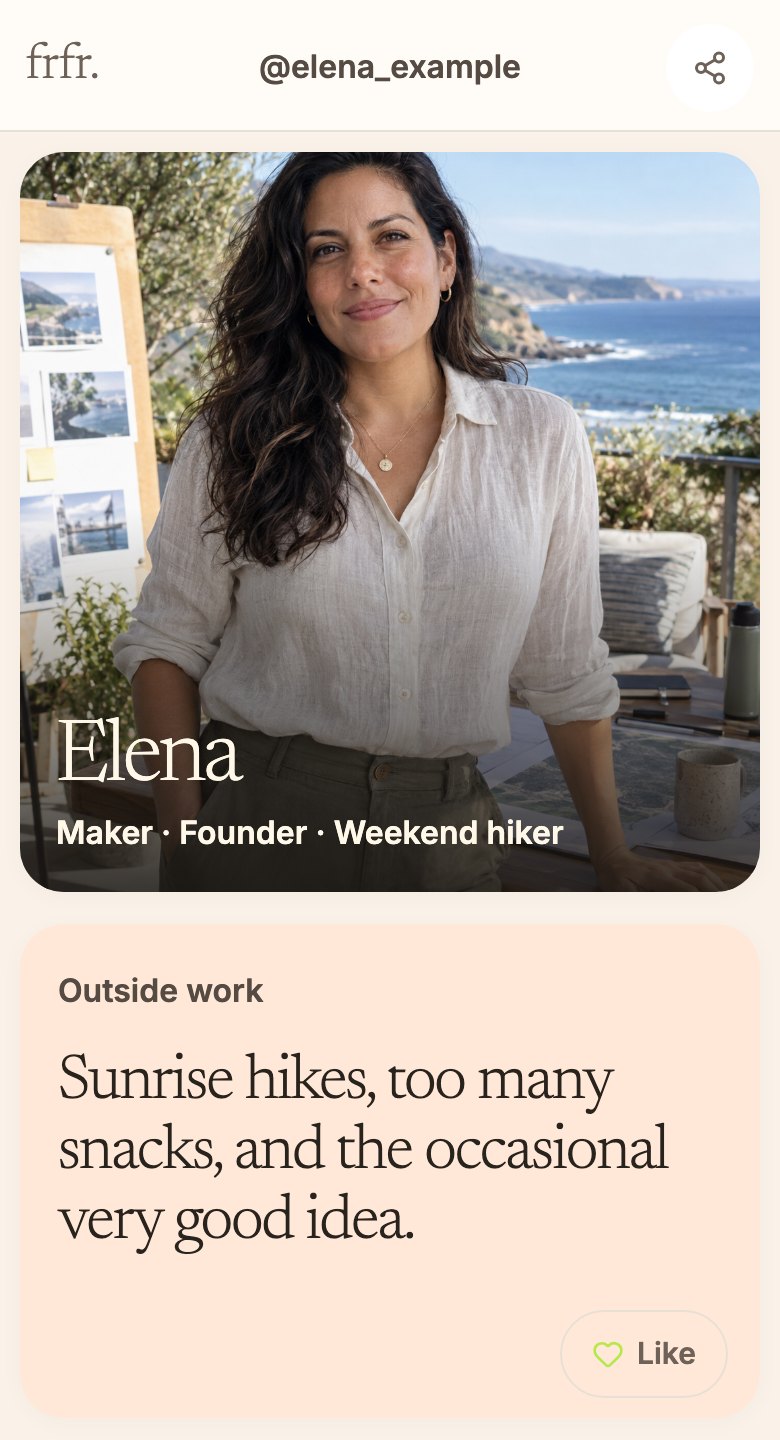 Profile preview: Elena, Maker · Founder · Weekend hiker. Outside work: Sunrise hikes, too many snacks, and the occasional very good idea.